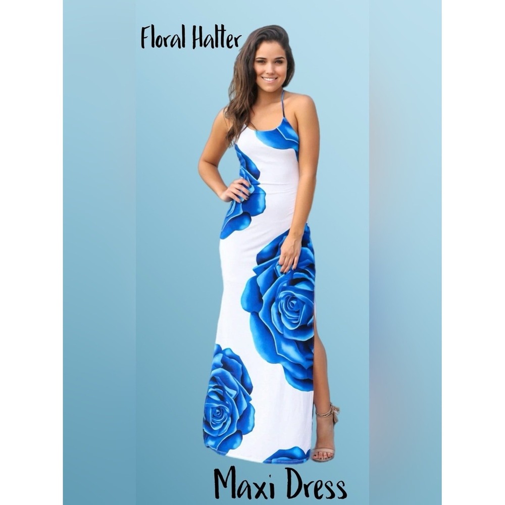Boho Halter Maxi Dress with Bold‎ Blue Rose Print on White Background